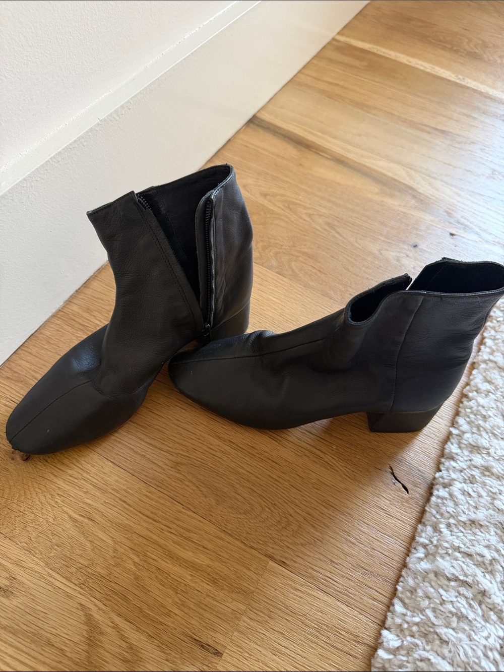 Loeffler Randall Black Leather Ankle Booties with Low Block Heel